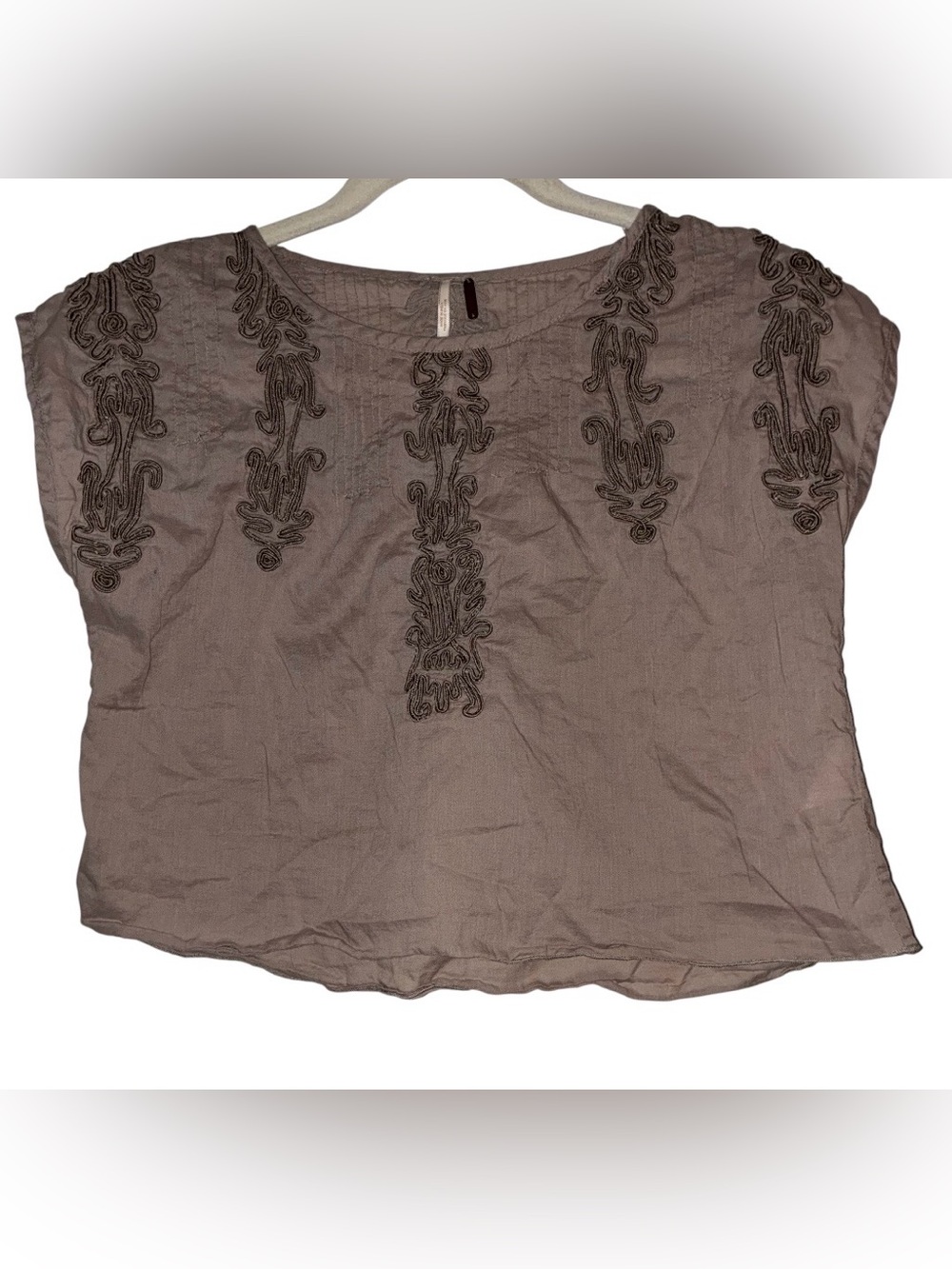 Free People crop top cotton fabric with intricate dark brown embroidery Sz XS